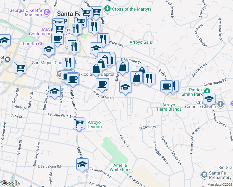 map of restaurants, bars, coffee shops, grocery stores, and more near 345 Delgado Street in Santa Fe