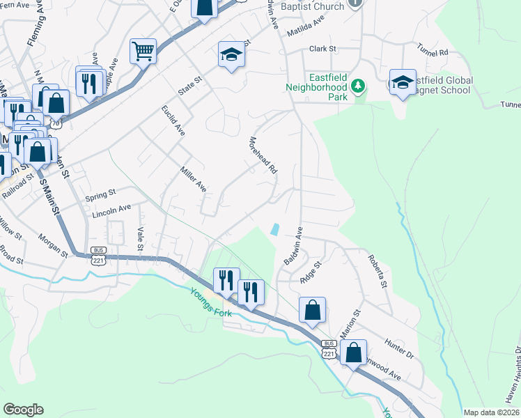 map of restaurants, bars, coffee shops, grocery stores, and more near 320 Morehead Road in Marion