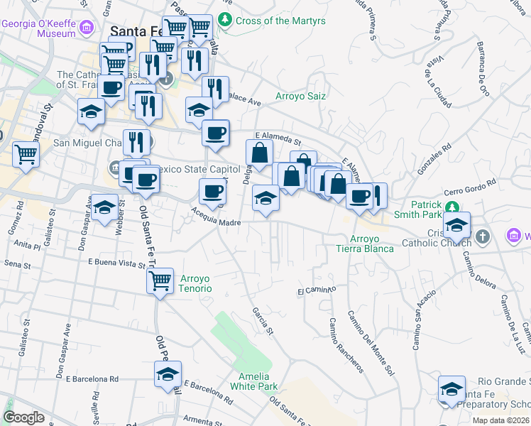 map of restaurants, bars, coffee shops, grocery stores, and more near 536 Calle Corvo in Santa Fe