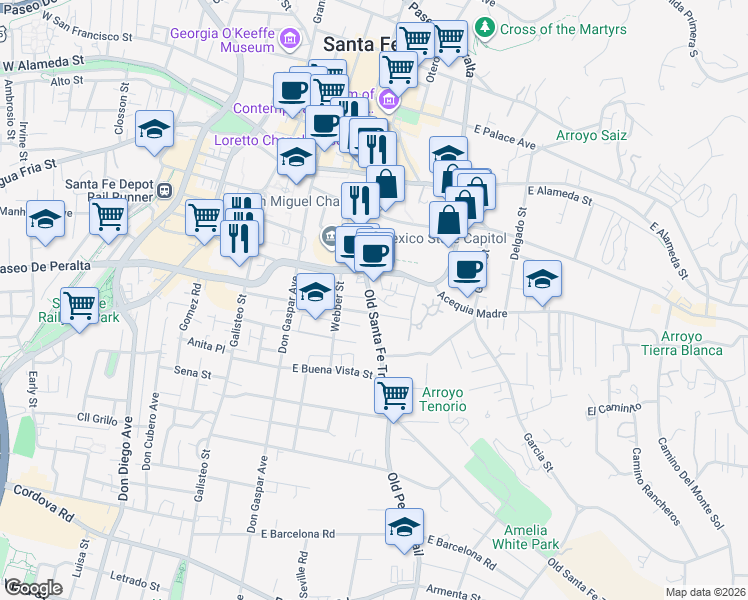 map of restaurants, bars, coffee shops, grocery stores, and more near 529 Old Santa Fe Trail in Santa Fe