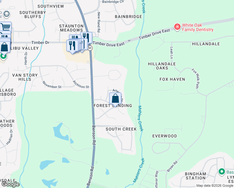 map of restaurants, bars, coffee shops, grocery stores, and more near 100 Farnham Court in Garner