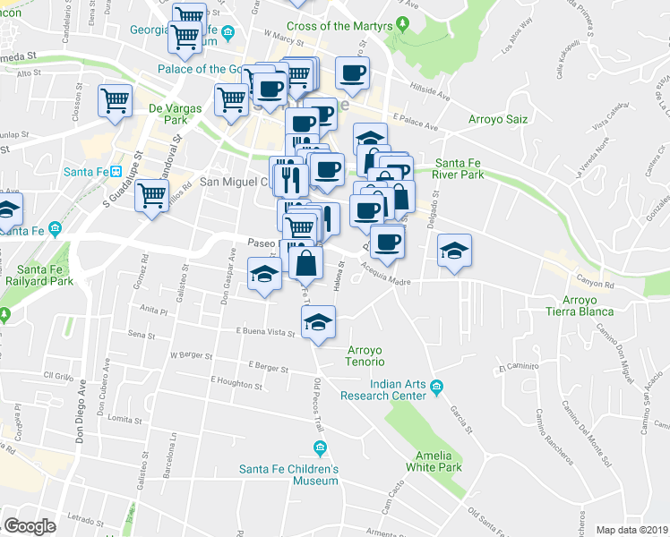 map of restaurants, bars, coffee shops, grocery stores, and more near 210 Halona Street in Santa Fe