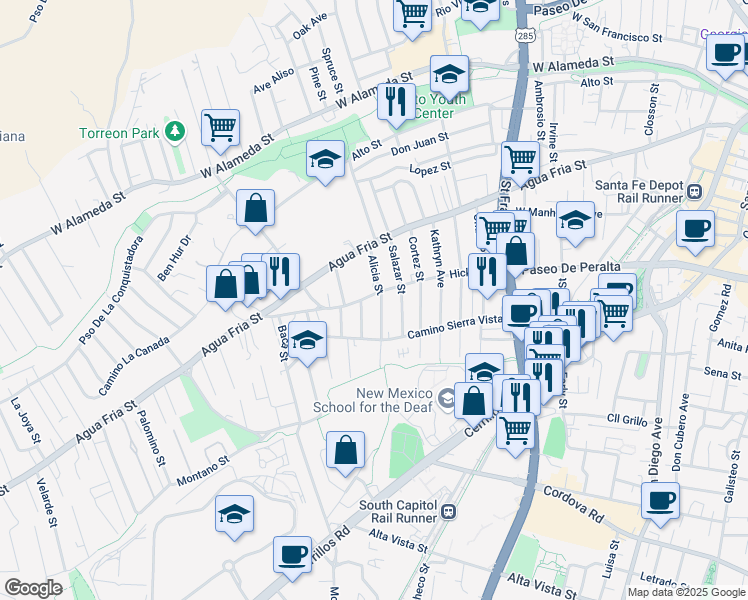 map of restaurants, bars, coffee shops, grocery stores, and more near 603 Alicia Street in Santa Fe