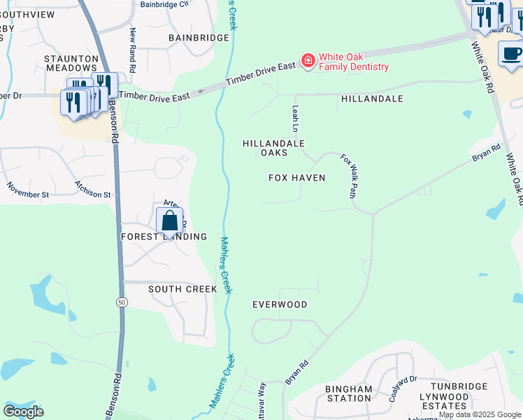 map of restaurants, bars, coffee shops, grocery stores, and more near 209 Fox Trap Court in Garner