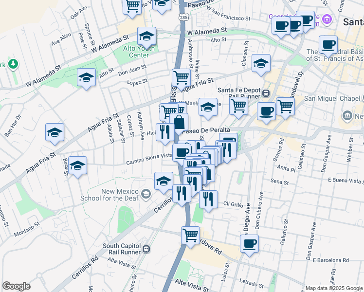 map of restaurants, bars, coffee shops, grocery stores, and more near 705 South Saint Francis Drive in Santa Fe