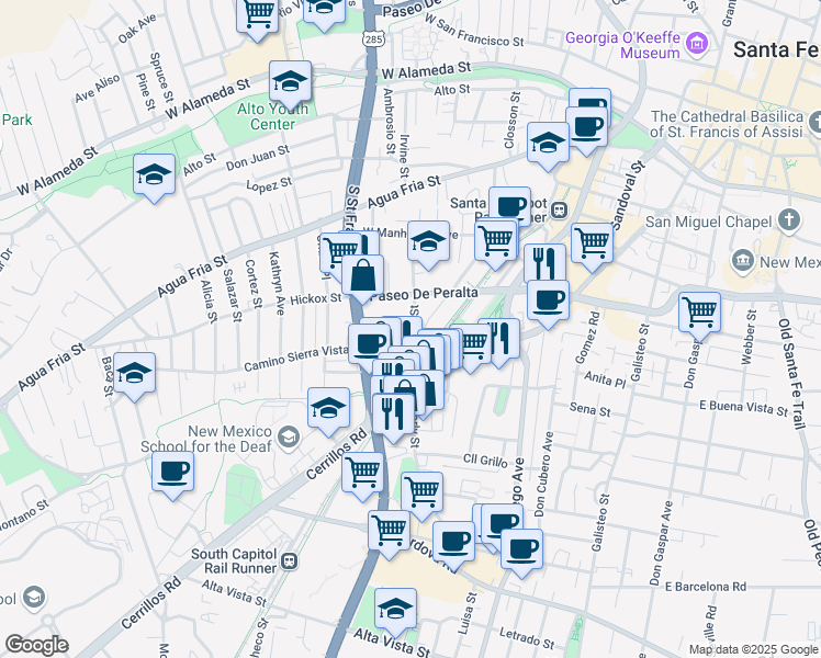 map of restaurants, bars, coffee shops, grocery stores, and more near 626 Alarid Street in Santa Fe