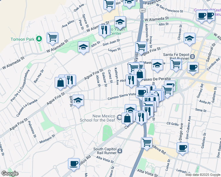 map of restaurants, bars, coffee shops, grocery stores, and more near 613 Cortez Street in Santa Fe