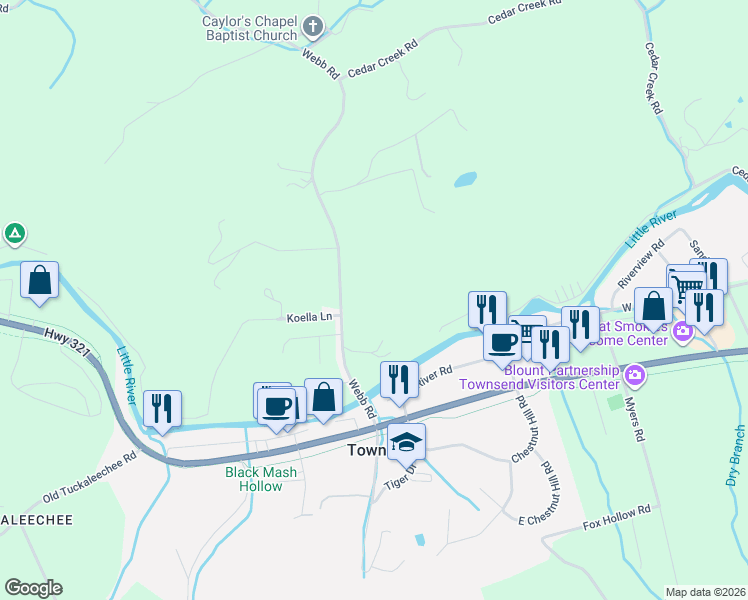 map of restaurants, bars, coffee shops, grocery stores, and more near 238 Webb Road in Townsend