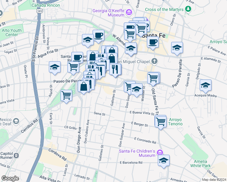 map of restaurants, bars, coffee shops, grocery stores, and more near in Santa Fe