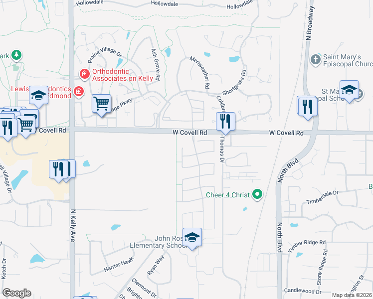 map of restaurants, bars, coffee shops, grocery stores, and more near 2534 Lolo Trail in Edmond