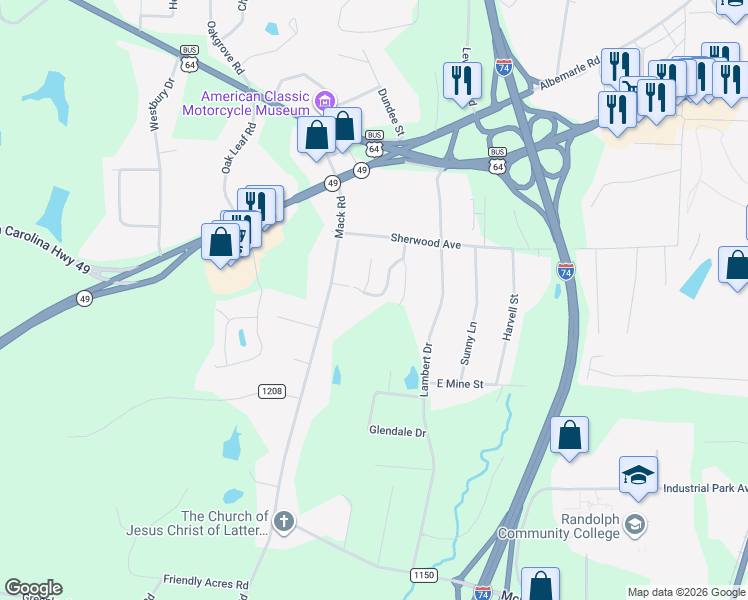 map of restaurants, bars, coffee shops, grocery stores, and more near 381 Sherwood Oaks Drive in Asheboro