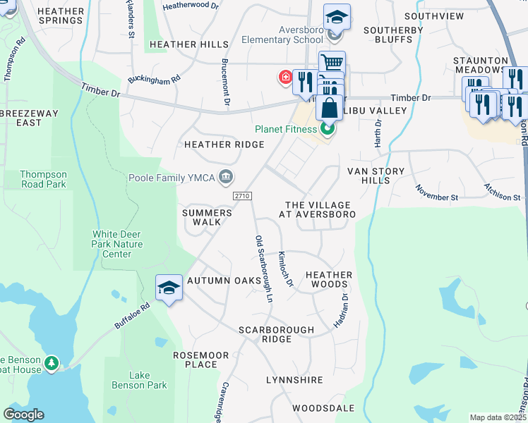 map of restaurants, bars, coffee shops, grocery stores, and more near 636 Kimloch Drive in Garner