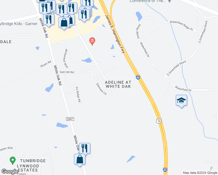 map of restaurants, bars, coffee shops, grocery stores, and more near 9015 Element Circle in Garner