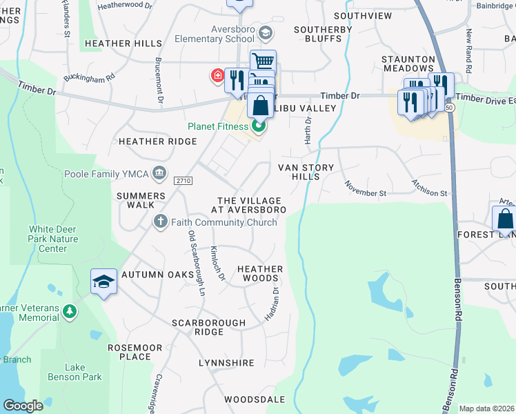 map of restaurants, bars, coffee shops, grocery stores, and more near 508 Easy Wind Lane in Garner
