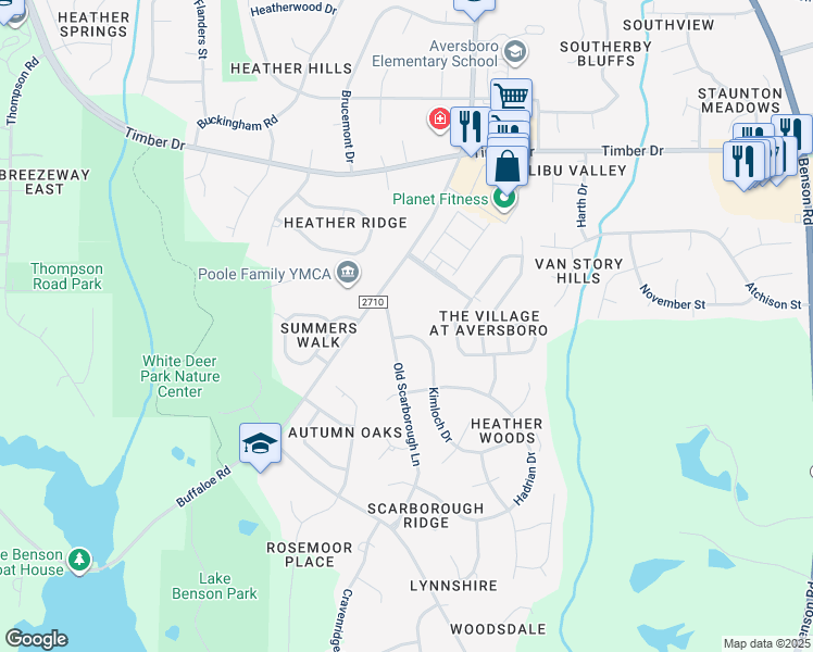 map of restaurants, bars, coffee shops, grocery stores, and more near 636 Kimloch Drive in Garner