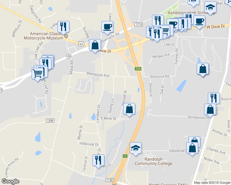 map of restaurants, bars, coffee shops, grocery stores, and more near 1767 Sunny Lane in Asheboro