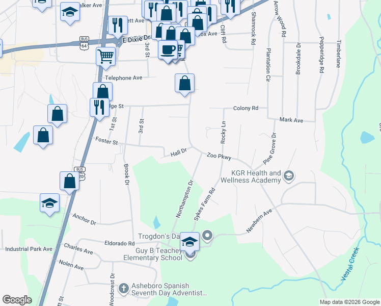 map of restaurants, bars, coffee shops, grocery stores, and more near 360 Hall Drive in Asheboro