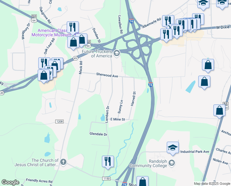 map of restaurants, bars, coffee shops, grocery stores, and more near 1918 Sunny Lane in Asheboro