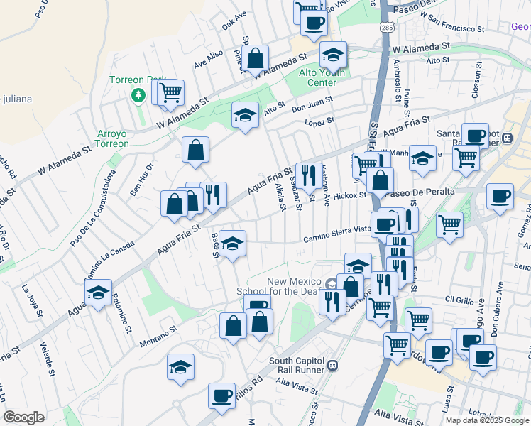 map of restaurants, bars, coffee shops, grocery stores, and more near 1325 Hickox Street in Santa Fe