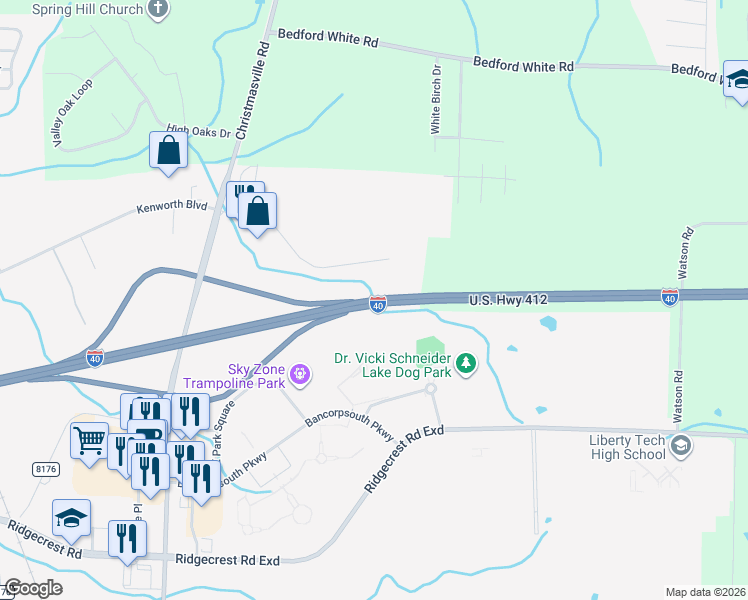 map of restaurants, bars, coffee shops, grocery stores, and more near Interstate 40 in Jackson