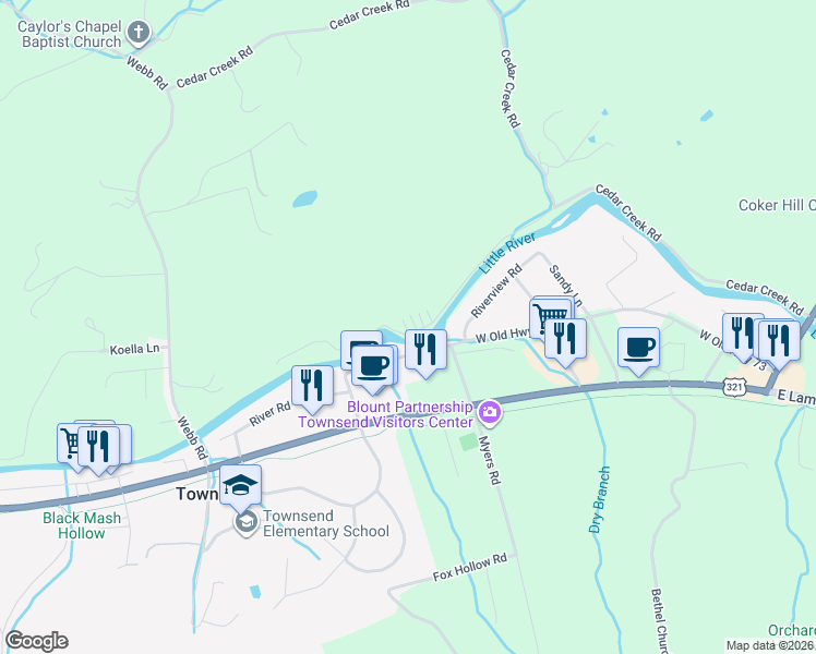map of restaurants, bars, coffee shops, grocery stores, and more near 7836 Carnes Road in Townsend