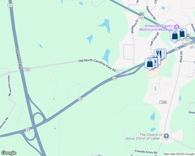map of restaurants, bars, coffee shops, grocery stores, and more near 874 North Carolina 49 in Asheboro