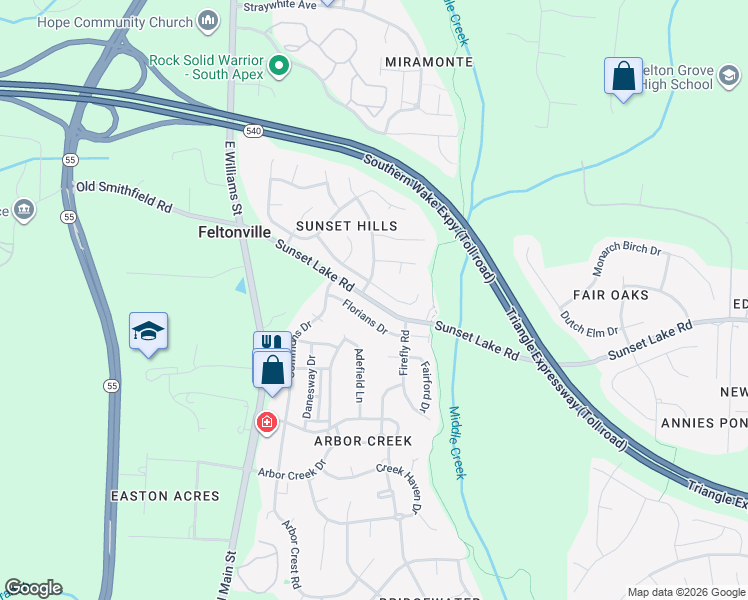 map of restaurants, bars, coffee shops, grocery stores, and more near 114 Sunset Lake Road in Holly Springs