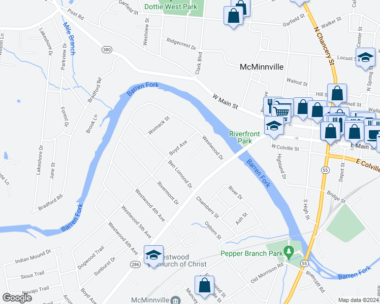 map of restaurants, bars, coffee shops, grocery stores, and more near 108 Dellwood Lane in McMinnville