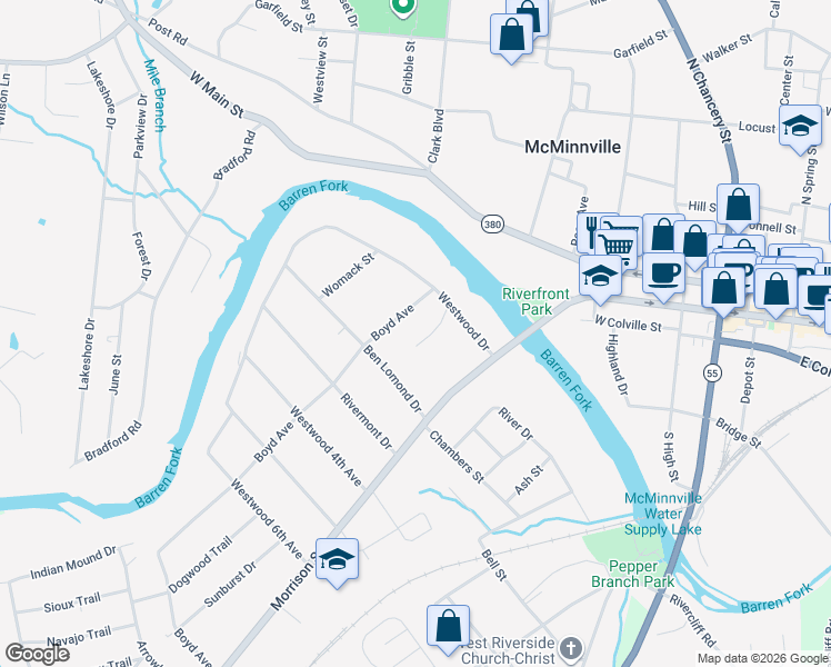 map of restaurants, bars, coffee shops, grocery stores, and more near 108 Dellwood Lane in McMinnville