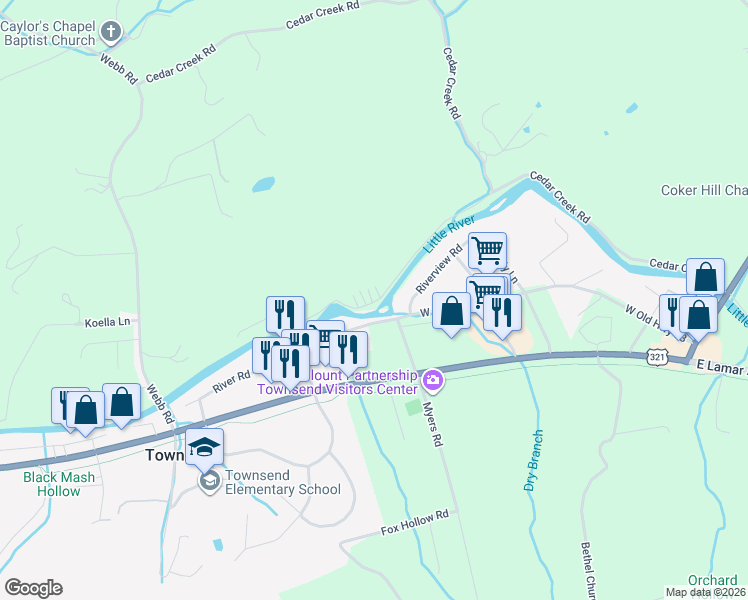 map of restaurants, bars, coffee shops, grocery stores, and more near 7836 Carnes Road in Townsend