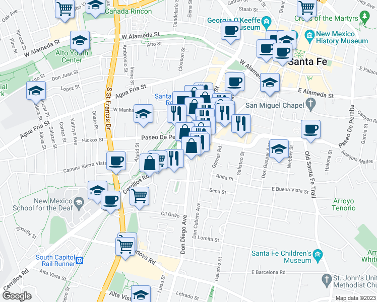 map of restaurants, bars, coffee shops, grocery stores, and more near 646 Cerrillos Road in Santa Fe