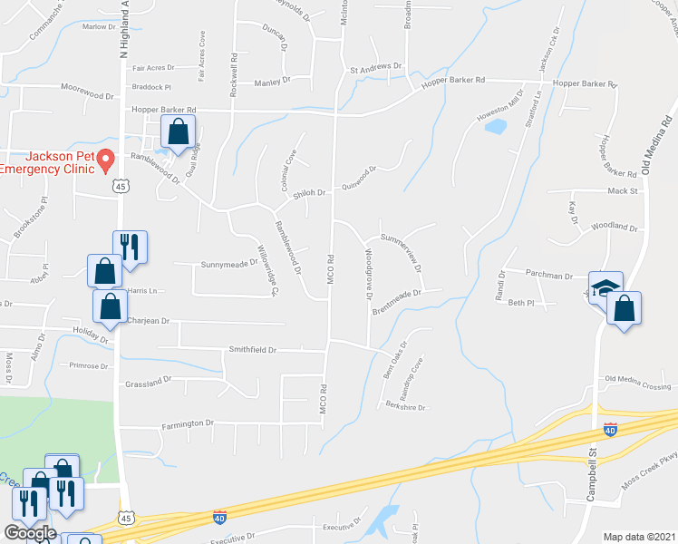 map of restaurants, bars, coffee shops, grocery stores, and more near 406 MCO Road in Jackson