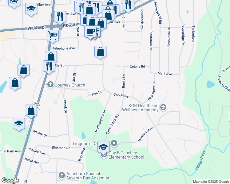 map of restaurants, bars, coffee shops, grocery stores, and more near 1829 Zoo Parkway in Asheboro