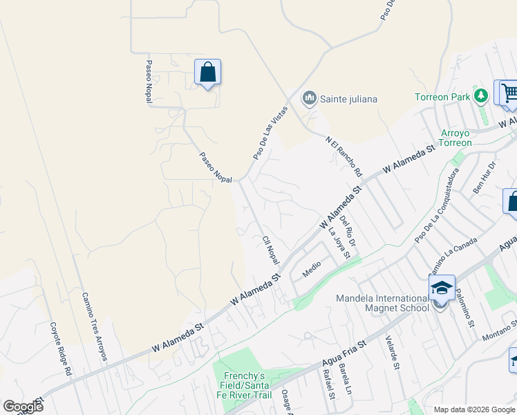 map of restaurants, bars, coffee shops, grocery stores, and more near 1703 Watchpoint in Santa Fe