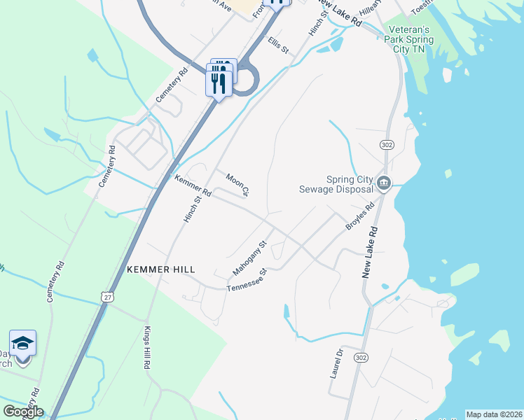 map of restaurants, bars, coffee shops, grocery stores, and more near 105 North Hillcrest Drive in Spring City