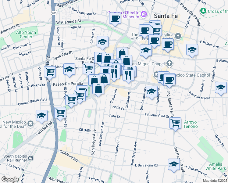 map of restaurants, bars, coffee shops, grocery stores, and more near 619 Gomez Road in Santa Fe