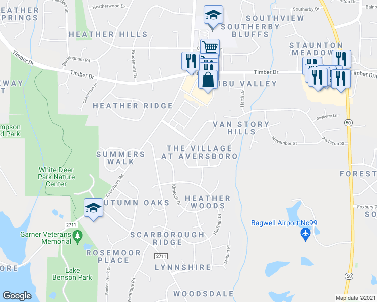 map of restaurants, bars, coffee shops, grocery stores, and more near 217 Easy Wind Lane in Garner
