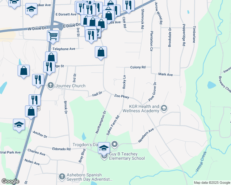 map of restaurants, bars, coffee shops, grocery stores, and more near 1829 Zoo Parkway in Asheboro