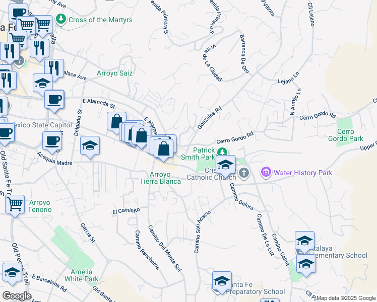 map of restaurants, bars, coffee shops, grocery stores, and more near 1001 East Alameda Street in Santa Fe