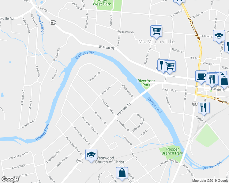 map of restaurants, bars, coffee shops, grocery stores, and more near 106 Dellwood Lane in McMinnville
