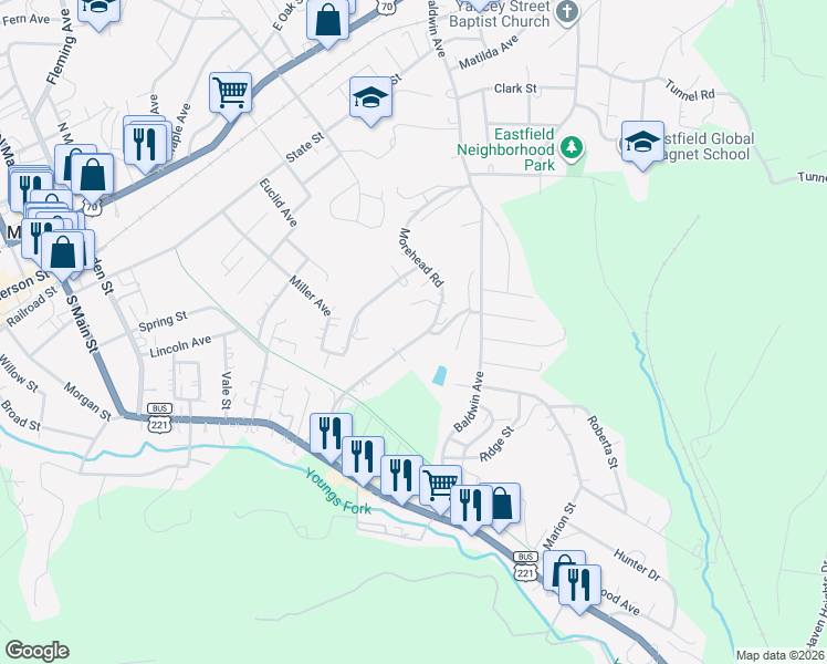 map of restaurants, bars, coffee shops, grocery stores, and more near 320 Morehead Road in Marion