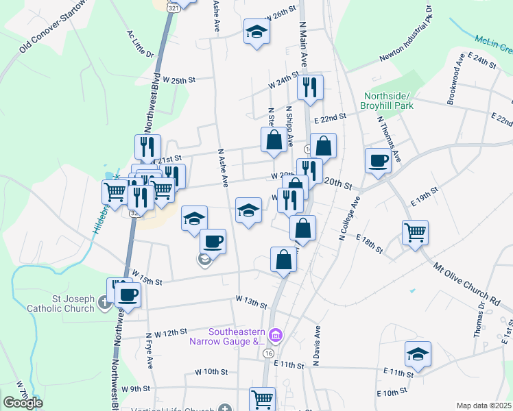 map of restaurants, bars, coffee shops, grocery stores, and more near 204 West 18th Street in Newton