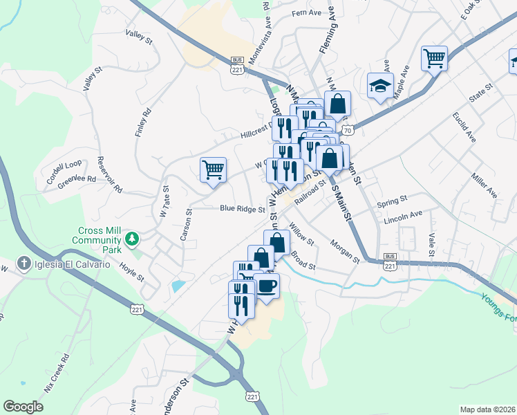 map of restaurants, bars, coffee shops, grocery stores, and more near 220 Blue Ridge Street in Marion