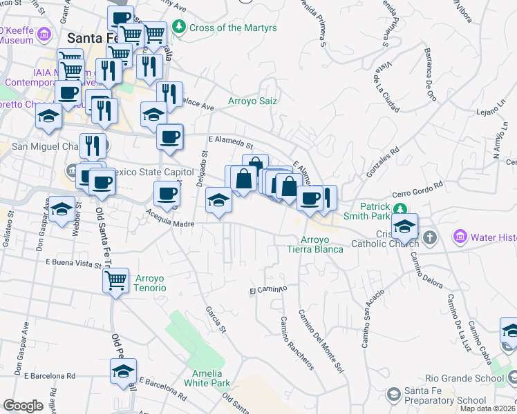 map of restaurants, bars, coffee shops, grocery stores, and more near 725 Acequia Madre in Santa Fe
