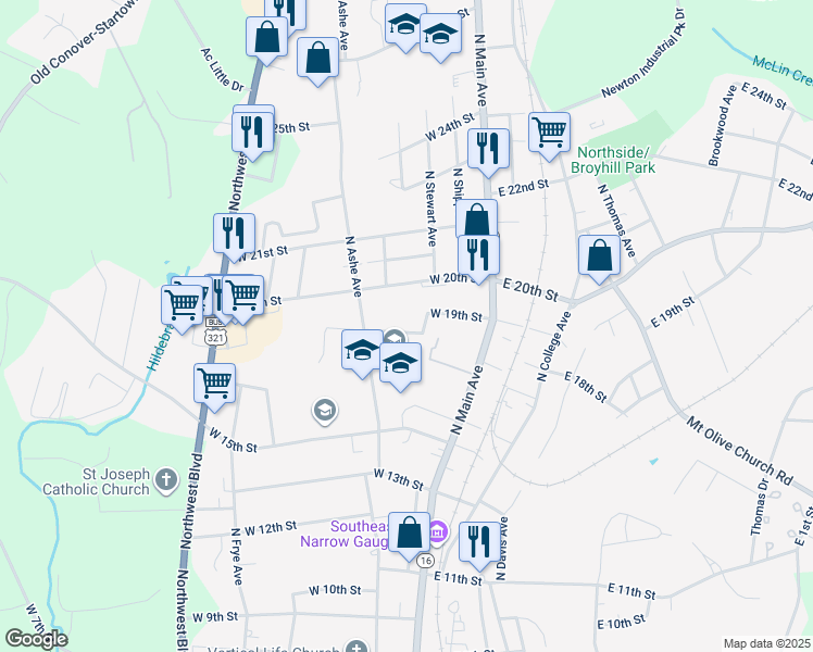 map of restaurants, bars, coffee shops, grocery stores, and more near 204 West 18th Street in Newton