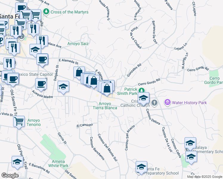 map of restaurants, bars, coffee shops, grocery stores, and more near 880 East Palace Avenue in Santa Fe