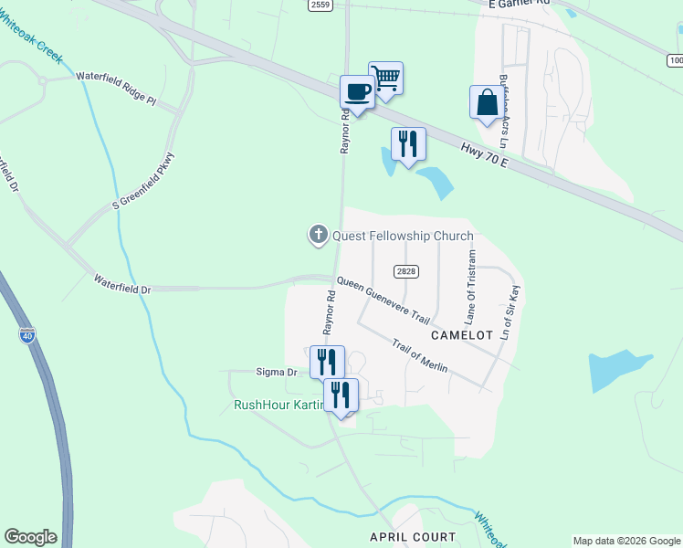 map of restaurants, bars, coffee shops, grocery stores, and more near 100 Queen Guenevere Trail in Garner