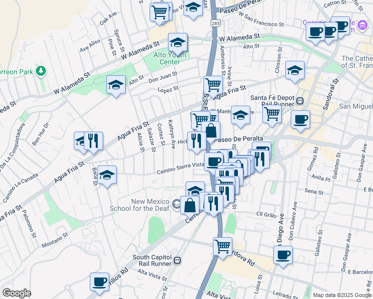 map of restaurants, bars, coffee shops, grocery stores, and more near 621 Franklin Avenue in Santa Fe