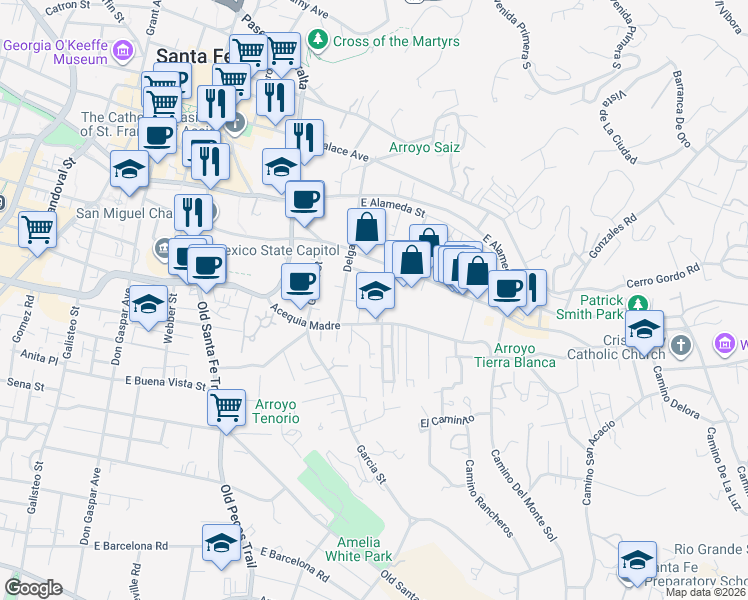 map of restaurants, bars, coffee shops, grocery stores, and more near 536 Calle Corvo in Santa Fe