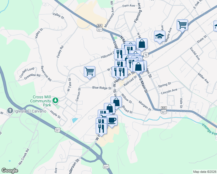map of restaurants, bars, coffee shops, grocery stores, and more near 220 Blue Ridge Street in Marion